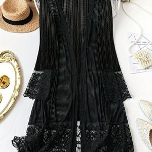 TEMU 여성 플러스 사이즈 여름용 패션 가디건, 앞면 오픈 롱 기장 텍스처 레이스 트림, 시어 가벼운 원단, 벨 슬리브 릴렉스핏, 우아한 바캉스 스타일 커버업