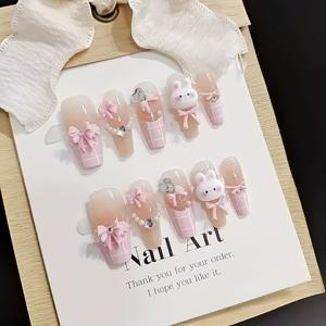 TEMU 핑크 스타일 10개 3D 귀여운 핑크 토끼 중간 사다리 수제 네일 스위트 러브 글리터 리본 패션 순수 매력 귀여운 여성 성격 인조 손톱 귀여운 네일 아트