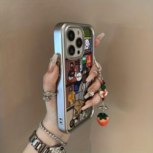 TEMU 휴대폰 케이스 - 애플 아이폰 11/12/13/14/15/16/17, 아이폰 16/15/14/13/12/11 Pro Max Xs/Xr/X/7/8/Plus 호환의 만화 스타일 투명 휴대폰 케이스 1개, 만화 캐릭터 1914ZY+G01 딸기 끈이 있는 전기 도금 반짝이는 무광 실버