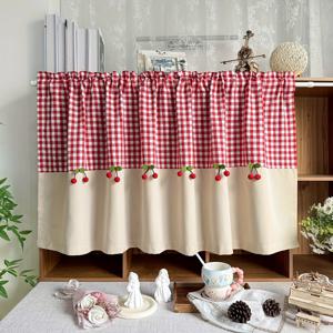 TEMU 세련된 러스틱 체크 디자인의 짧은 커튼, 주방용, 우아한 창문 밸런스 및 체리 카페 스타일, 욕실 및 룸 디바이더로 적합, 버팔로 체크 패턴 및 로드 포켓 디자인