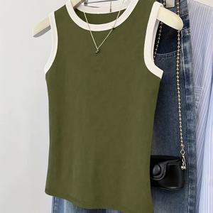 TEMU 여성용 우아한 민소매 라운드넥 탑 - 솔리드 컬러 블라우스, 미디엄 스트레치 캐주얼 & 드레시 셔츠, 세탁기 사용 가능 봄/가을 레이어링 아이템 (부피 없음)