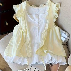 TEMU 우아한 방향성 페이크 투피스 셔츠 여성용 플리츠 연령 감소 루즈 슬리브리스 베이비돌 드레스 탑