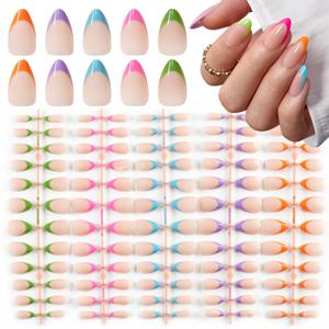 TEMU 로즈 레드, 블루, 퍼플, 그린, 오렌지 색상의 짧은 아몬드 모양의 120개입 짧은 인조 손톱 박스. 젤리 접착제와 네일 파일이 함께 제공되는 풀 커버리지 인조 손톱입니다.