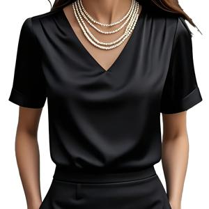 TEMU QD1017011 여성용 반팔 셔츠, 우아한 새틴 단색 드레이프 V넥 탑, 다양한 장면에 어울리는 우아한 스타일