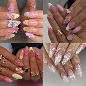 TEMU 96개 3D 플라워 프렌치 프레스 네일 - 우아한 누드 핑크 & 화이트 롱 인조 네일, 플로럴 엠보싱 디자인, 글로시 엔드 & 진주 디테일, 여성용 완벽한 봄 여름 네일 세트