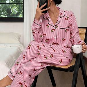 TEMU 체리 프린트 턴칼라 긴팔 버튼업 상의와 바지가 포함된 여성용 투피스 파자마 세트, 사계절 실내복