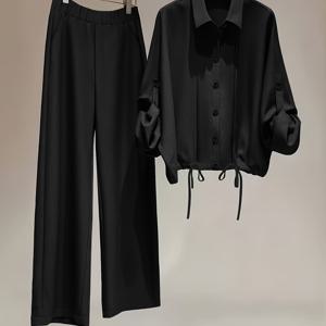 TEMU 여성용 우아한 버튼 프론트 블라우스 & 와이드 레그 팬츠 세트 2피스 - 솔리드 컬러 사계절 전문 복장, 세탁기 사용 가능, 출퇴근 또는 세미 포멀 이벤트용 - 2피스 라인 세트
