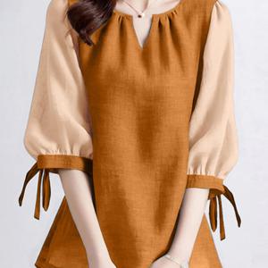 TEMU 여성 캐주얼 탑 컬러 블록 스플라이스 3/4 소매 노치 V넥 루즈핏 셔츠 야외 간편한 통근복 올매치 빅사이즈 가벼운 레저 여성 블라우스