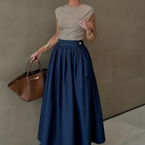TEMU 솔리드 컬러의 우아한 미디 스커트, 벨트와 버튼 디자인으로 데일리 출퇴근에 완벽