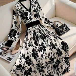 TEMU 우아한 V넥 A라인 드레스 - 허리라인 & 긴 소매, 웨딩, 교회, 비즈니스용 미드 길이 플레어 헴 드레스 - 세탁기 사용 가능, 사계절 착용 (LL168) - 논스트레치 프로페셔널 의상