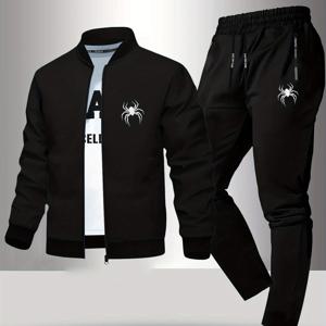 TEMU 남성용 슬림핏 재킷과 운동복 바지 세트, 실루엣 프린트, 지퍼 폴리에스터 스무스 원단, 가을-겨울 캐주얼 크루넥 아우터웨어