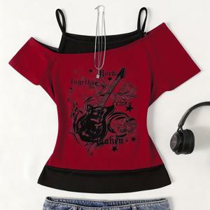 TEMU TX051920 여성용 볼드 레터 프린트 오프숄더 투톤/멀티 컬러 티셔츠, 미디엄 스트레치 반팔 상의