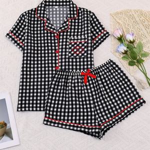 TEMU 여성용 흑백 체크무늬 2피스 파자마 세트, 반팔 가디건과 신축성 허리 반바지, 봄, 여름, 가을용 편안한 수면복 및 실내복, 부드러운 원단, 버튼 디자인, 신축성 허리밴드, 주문 환영