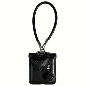 TEMU 럭셔리 블랙 폰 케이스 - 러브 하트 펜던트 포함, 분실 방지 스트랩, 삼성 갤럭시 Z 플립 5/6/Z 플립 7/Z 플립 5 호환