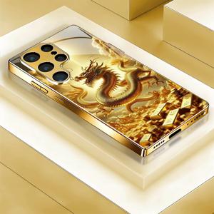 TEMU 휴대폰 케이스 - 황금 드래곤 부자 유도 패턴 전기 도금 골드 폰 케이스, 삼성 갤럭시 S25/S24/S23/S22/S21, S25/S24/S23/S22/S21 플러스/울트라, S24/S23 FE에 적합, 거울 고급 메탈 텍스처, 변색 없음, 지문 방지