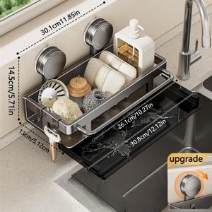 TEMU 벽걸이형 드릴 불필요 알루미늄 욕실 선반 | 튼튼한 분리형 디자인, 스타일리시한 회색 흡착판 수납 랙 | 물받이 트레이 & 수건 걸이 포함 벽걸이 정리함 | 유리 및 매끄러운 표면에 적합, 샤워 수납 솔루션, 선반