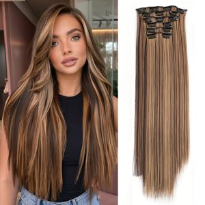 TEMU 클립형 헤어 익스텐션, 헤어 익스텐션 두꺼운 긴 레이스 웨프트 경량 합성 헤어피스 여성용 초콜릿 브라운 골드 블론드 헤어 클립 헤어 추가