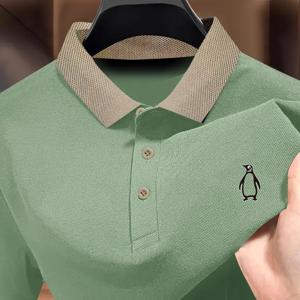 TEMU 남성용 연두색 & 베이지 펭귄 프린트 셔츠 - 반팔 버튼업 칼라, 통기성 골프 & 테니스 의상, 비즈니스 또는 선물에 적합한 캐주얼 버튼셔츠, 부드러운 질감