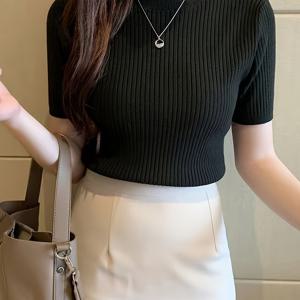 TEMU 우아한 여성 스웨터 | 스키니핏, 크루넥, 반팔, 단색, 약간의 스트레치 원단, 가을/겨울에 적합