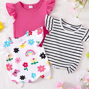 TEMU 3pcs 여아 아기 옷 여아용 아기 봄/여름 3색 만화 풀 프린트 3피스 세트