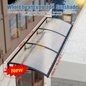 TEMU 60 X 300 Cm 간편 설치 현관문 & 창문 어닝 | 투명 폴리카보네이트 패널이 있는 블랙 프레임, UV/비/눈/태양 보호 레이어, 현관 입구, 파티오, 베란다, 테라스에 적합