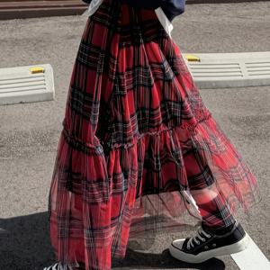 TEMU 타겟 여성 Y2K 스타일, 프린트 여직물 신축성 허리 쉬폰 스커트, 플리츠 밑단, 캐주얼 다용도 하프 스커트, 가을/겨울 크리스마스 및 새해, 발렌타인데이 데이트룩, 축제 필수템, 캠퍼스 스타일 롱 스커트