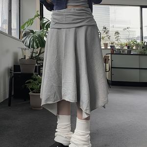 TEMU 한국 스타일 릴렉스 그레이 드로스트링 불규칙 밑단 스커트, 2026년 봄 신상 하이웨이스트 플레어 스커트, 힙라인을 부드럽게 연출하는 캐주얼하고 활용도 높은 미디엄 레인지 스커트