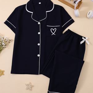 TEMU 여성용 블랙 하트 리본 파자마 2pcs 세트, 반팔 가디건과 신축성 허리밴드 바지, 봄, 여름, 가을용 편안한 수면복 및 캐주얼 라운지웨어, 부드러운 원단, 버튼 디자인, 신축성 허리밴드, 주문 환영