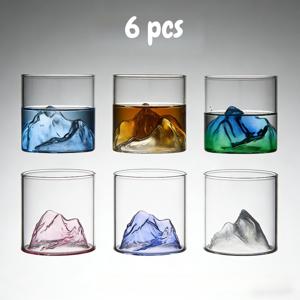 TEMU 6개 200ml/6.76oz 컬러풀 후지산 뷰 유리컵 세트 (커피, 차, 위스키용), 일본 스타일 - 6가지 색상 (블루, 옐로우, 그린, 핑크, 퍼플, 실버 화이트) - 음료용 3D 후지산 텍스처 투명 유리컵