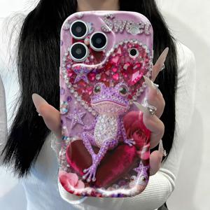 TEMU 휴대폰 케이스 - 뛰어난 2D 평면 휴대폰 케이스, 낙하 방지 및 스크래치 방지 기능, 보석 하트에 있는 놀라운 보라색 개구리 디자인, iPhone 17, 16, 15, 14, 13, 12, 11, 8, 7, X, XS, Pro, Pro Max 및 Plus와 호환