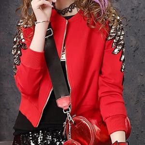TEMU 여성용 패션 별 날개 장식 스팽글 집업 숏재킷 패션 스판 캐주얼 블랙 레드 야구 항공 점퍼 슬림소녀 SLIM GIRL