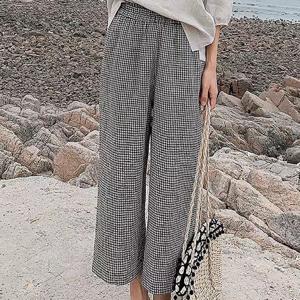 TEMU 여성 여름 데일리 패션 하이웨스트 밴딩 얇은 통기성 체크 9부 슬랙스 바지 캐주얼 컴포트 와이드 팬츠 슬림소녀 SLIM GIRL