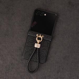 TEMU 휴대폰 케이스 - 삼성 갤럭시 Z 플립 시리즈 다양한 모델을 위한 엠보싱 플로럴 디자인과 인조 장식의 패셔너블한 넥스트랩이 장식된 인조 가죽으로 제작된 스타일리시한 휴대폰 케이스