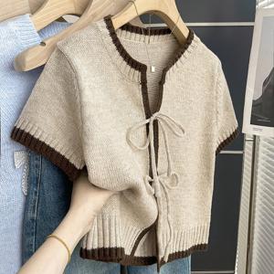 TEMU 새로운 캐주얼 루즈핏 크루넥 반팔 가랑이 트리밍 대비 카디건, 가장자리의 강렬한 색상 대비와 오픈 프론트 디자인. 여성용 봄/여름 및 가을 의류에 적합한 아름다운 스웨터, 모델 LL168