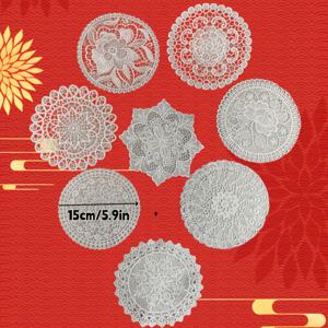 TEMU 화이트 수제 코바늘 자수 플레이스매트 8개 세트, 5.9인치, 컷아웃 자수 원형 컵 플레이스매트, 커피 코스터, 레스토랑, 웨딩 테이블 장식, 생일 파티, 테이블탑 카운터 장식, 홈 데코, 선물 장식용