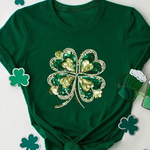 TEMU 여성용 세인트 패트릭의 날 행운의 반짝이는 스팽글 티셔츠, 선물용으로 적합, 가볍고 통기성 좋은 반팔 크루넥 티, 딸 여동생 생일 엄마를 위한 봄 여름 캐주얼 블라우스웨어, 프린트
