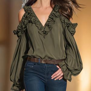 TEMU 여성용 오프숄더 러플 블라우스, 루즈 퍼프 슬리브 탑, 웨스턴 스타일 커뮤터 패션 셔츠, 우아한 여성용 블라우스, 아름다운 여성용 셔츠, NS702