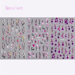 TEMU 네일 스티커 3개 세트 | 5D. 플로럴 하트 데이지 패턴 | DIY 네일 아트 추가 | 내구성이 뛰어난 여성용 자가 접착 네일 디자인