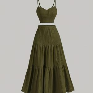 TEMU 여성용 캐주얼 솔리드 컬러, 슬림핏 스트랩리스 바디스와 벨라인 헴 A라인 스커트 세트