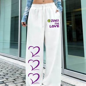TEMU Y2K 아메리칸 스포츠 트렌드 힙합 스트리트 팬츠, 퍼플 ZUMBA FOR LOVE 하트 디자인 힙합 재미 인기 프린트 패턴 봄/여름 여성 루즈 레그 팬츠 와이드 레그 롱 팬츠