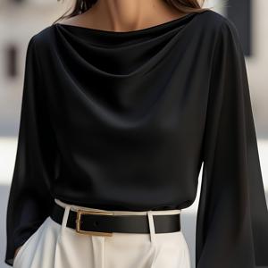 TEMU 신상 봄/여름 여성용 우아한 블랙 플레어 소매 시폰 블라우스, 패셔너블하고 우아함, 심플하고 넉넉함, 사무실용 또는 캐주얼웨어용, 사계절 의류 YTD