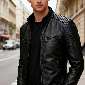 TEMU 남성용 인조 가죽 캐주얼 재킷 (가을/겨울용), 트렌디한 스탠드업 칼라와 새로운 스타일 - 출퇴근 및 여행에 적합