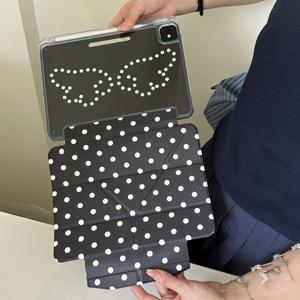 TEMU 아이패드 11세대 태블릿 보호 커버에 적합한 한국 스타일 블랙 물방울 무늬 윙 버클 3+Y 폴드 아크릴 케이스, 펜슬 슬롯이 있는 10세대 에어 7/6용 새로운 귀여운 디자인, 11인치 여성용 태블릿 컴퓨터 케이스 (가림 방지)