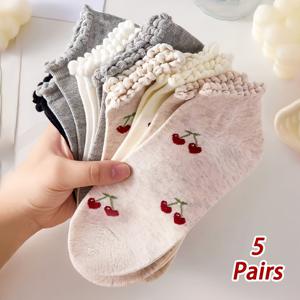 TEMU 5켤레 여아용 과일 패턴 레이스 발목 양말, 어린이 데일리 착용용 공주 양말