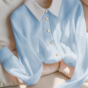 TEMU 여성용 라이트 블루 컬러블록 패치워크 칼라 긴팔 셔츠, 골든 버튼 장식, 봄 가을 캐주얼웨어