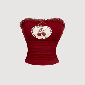 TEMU 여름 캐주얼 체리 프린트 튜브 탑, 여성용 2가지 패턴 티셔츠, 상의, 튜브 탑