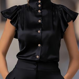 TEMU 새로운 봄/여름 스타일 우아한 하이넥 오픈 프론트 싱글 브레스트 디자인 패셔너블한 페탈 슬리브 반팔 플러터 슬리브 세련된 단색 여성용 셔츠 다용도 출퇴근용 블라우스 휴일 파티용 여성 반팔 셔츠 ASD1 디렉셔널