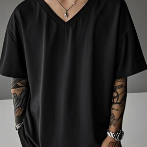 TEMU [프린트 디자인-텍스처 아님] 남성 여름 V넥 티셔츠 - 가볍고 통기성 좋은 반팔 캐주얼 탑, 캐주얼 및 세미 포멀 웨어를 위한 솔리드 레귤러 핏, 가벼운 원단, 간편한 상의, 오피스룩, 플러스 사이즈