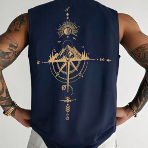 TEMU 남성용 캐주얼 스포츠 탱크 탑, 가볍고 통기성 좋은 니트 원단으로 제작되었으며, 나침반과 산 정상 디자인, 라운드넥 및 민소매 스타일로 제작되었으며, 헬스장 및 캐주얼 웨어에 적합합니다.