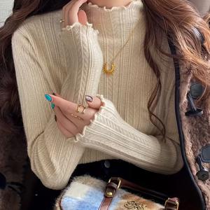 TEMU 프렌치 하이넥 크로셰 플로럴 긴팔 탑 여성용 가을 슬림핏 베이스 셔츠, 젠틀 스타일 프릴 엣지 탑